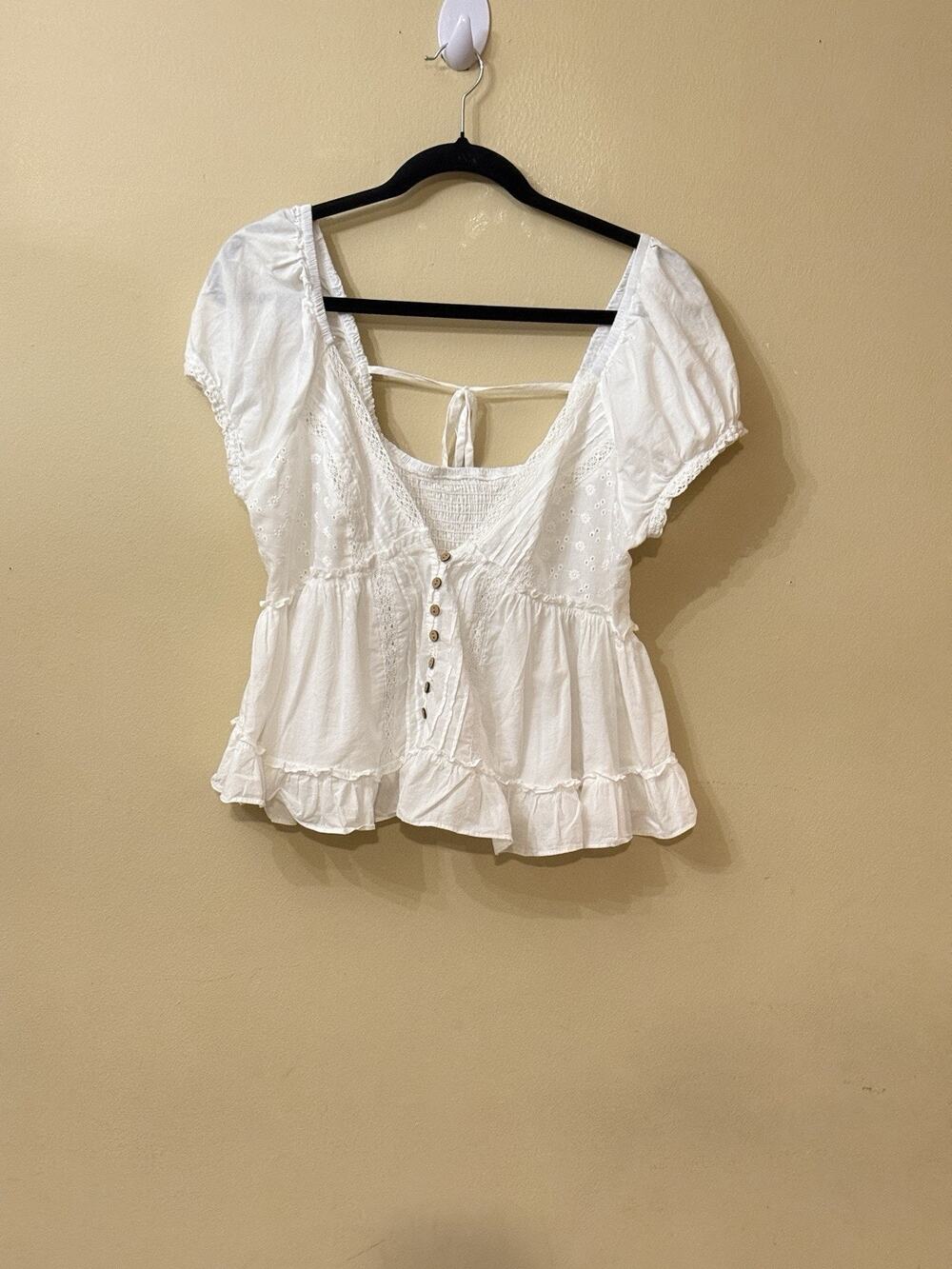 Coquette Milkmaid 100% Cotton Eyelet Lace Babydoll Peplum Top White Tie Back M